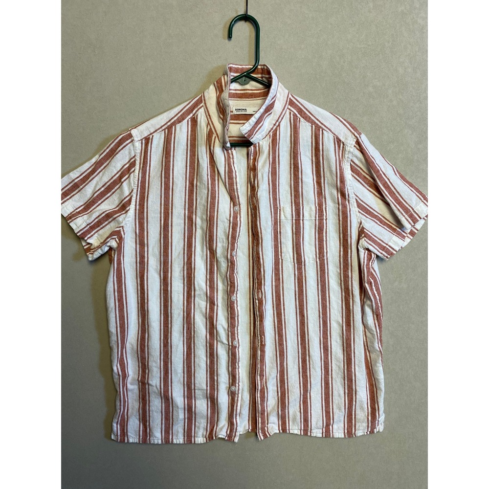 Sonoma Goods For Life Womens Large Rust White Striped Short Sleeve Button Shirt
